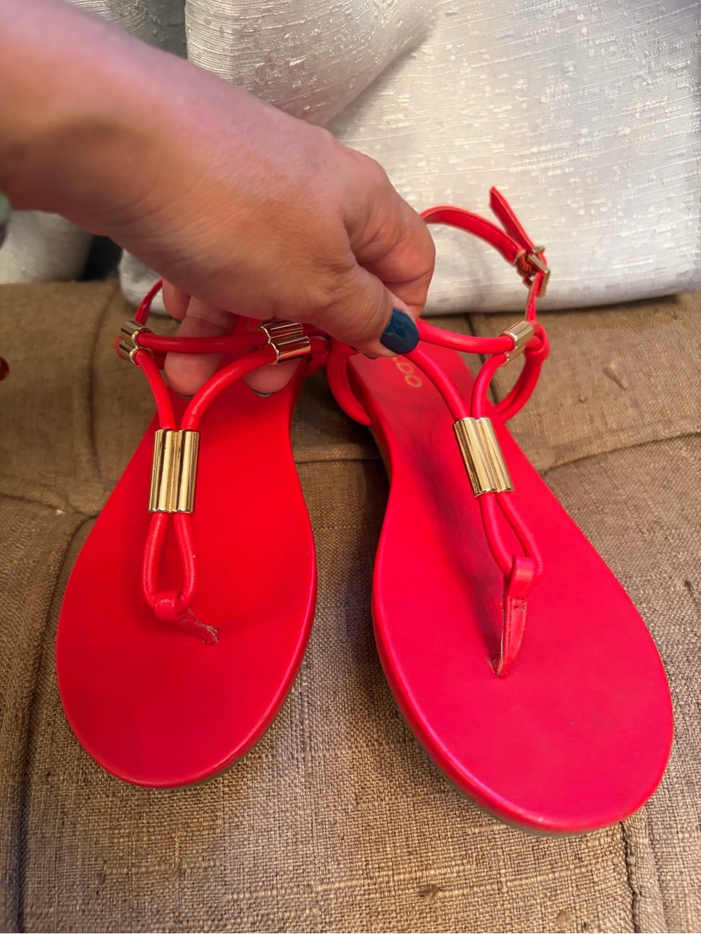 Aldo Red T-Strap Sandals with Gold Hardware
